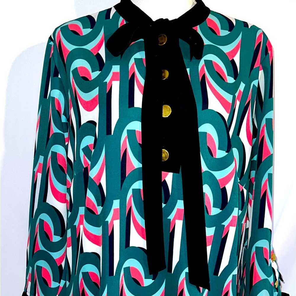 Eloquii Mod Retro Print Tie Neck Dress with button ruffle teal pink Size 16